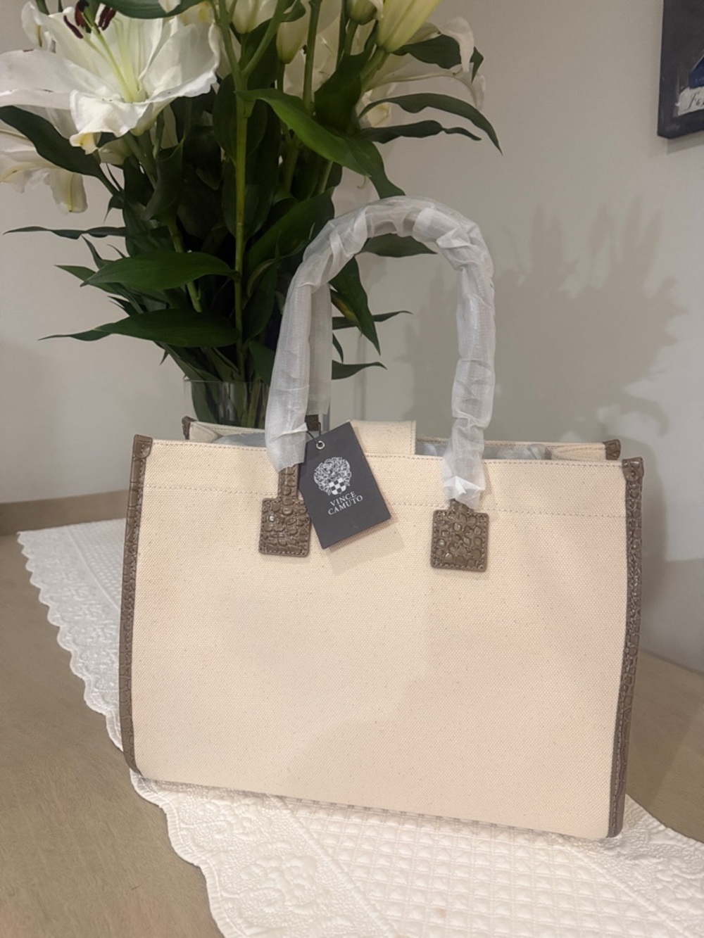 Vince Camuto Beige Canvas Tote with Brown Trim